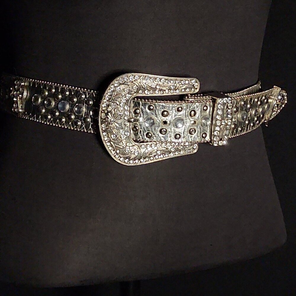 80/90's (M) HEAVY-in-weight (6lb+) metallic bling (cross & gems) 4"w belt buckle